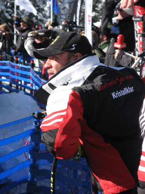 Hermann Maier of Austria, above, watches five of his countrymen finish in the top-5 during the Beaver Creek Birds of Prey World Cup super-G today. Maier finished 19, while teammate Hannes Reichelt won in a time of 1:19.87.