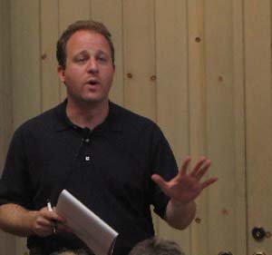 U.S. Rep. Jared Polis works the crowd in Edwards Wednesday.