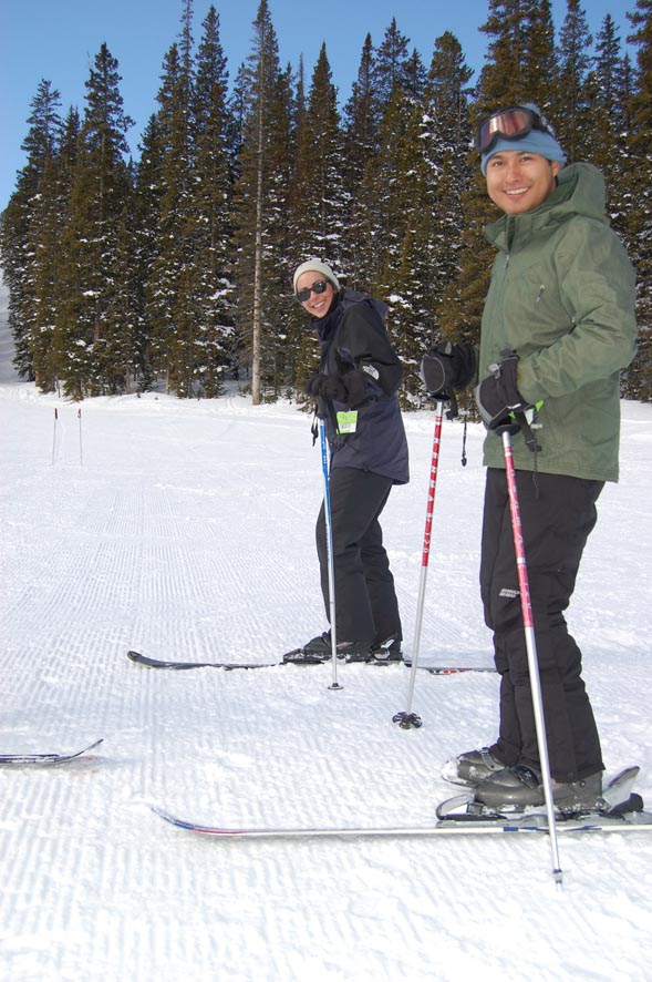 Luis Lopez (foreground) and Petrina Crockford took their Monarch Mountain ski lessons one step at a time.