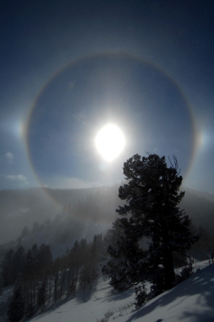 A sundog provides a spectacular backdrop for a 10-inch powder day at the Canyons Resorts near Park City, Utah, last season. 
