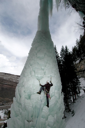 A climber navigates the tricky Fang formation in East Vail - a popular spot for hard-core ice junkies but also a possibility for the uninitiated willing to hire a guide.