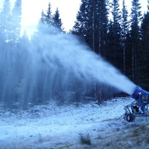A snow gun blasts out the artificial stuff at Loveland Tuesday morning, Sept. 25, after a dusting of natural snow high on the Continental Divide. 