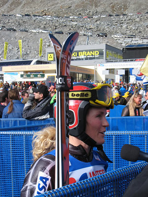 Vail's Sarah Schleper talks to reporters in Soelden, Austria, during a World Cup in October.