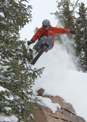 Scot Schmidt, a ski-film pioneer of the 1980s and early 1990s, hucks a rock in the backcountry of Monarch ski area in southern Colorado.