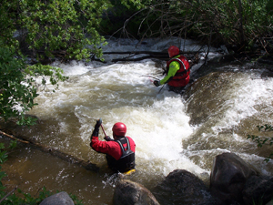 Rescuers search for the body of 55-year-old Mary Brake this past June. She was discoverd today, 20 feet from where she went missing, in the waters of Beaver Creek. 