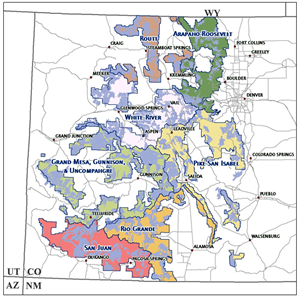 A U.S. Forest Service map of Colorado's millions of acres of roadless areas.