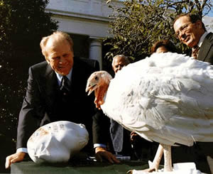 The late Gerald R. Ford, the 38th president and a former part-time Beaver Creek resident, talks turkey on Thanksgiving Day, 1975.