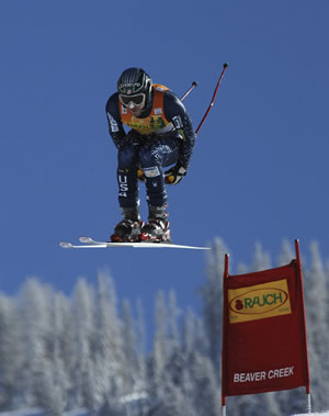 Bode Miller, shown here getting huge air at Beaver Creek, was second at a World Cup downhill in Italy Saturday, leading the record charge of five American men into the top 10.