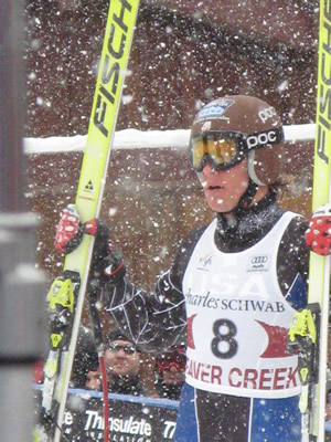 Utah's Steve Nyman checks out his second-place time after finishing in a snowstorm Friday in the Birds of Prey downhill.