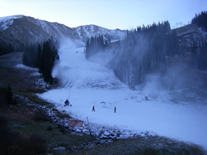 Crews at Arapahoe Basin have been blowing snow in earnest since Sunday, Oct. 5. Chances are A-Basin will open this week, but Loveland, which has been making snow for a couple of weeks, is giving them a run for their money in the race to open first.