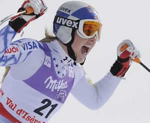 Vail's Lindsey Vonn reacts to winning the downhill Monday at the World Alpine Ski Championships in Val d'Isere, France.