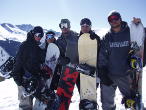 A group of Taos natives who learned to love snowboarding while living in Colorado, have returned to their hometown to ride the mountain they grew up with. From left to right: Steve Romero, Dawn Romero, Lawrence Cordova, Victoria Coca, and Aaron Romero.