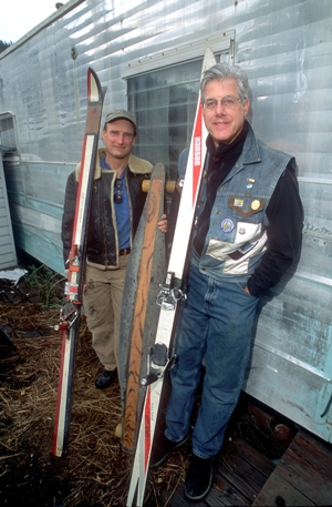 Arlan Moore, left, and Phil Horsman show off the long boards they used for ridiculous aerials during the glory days of the later outlawed Ravinos ski gang in the 80s.
