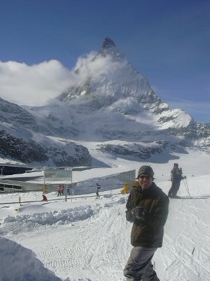 Escaping the Olympic circus for a day, the author skis at the base of the Matterhorn in Zermatt, Switzerland. 