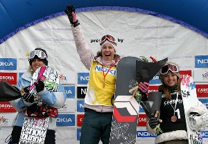 Clair Bidez of Minturn, right, was third in a World Cup halfpipe event in New Zealand Sept. 1, behind Lindsey Jacobellis, left, in second and Manuela Laura Pesko of Switzerland.