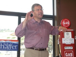 GOP U.S. Senate candidate Bob Schaffer speaking to Eagle County Republicans with an old fashioned gas pump, a constant prop on the campaign trail. 