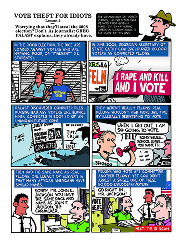 The wholesale purging of election records is the subject of a comic-book-style pamphlet created by three top political cartoonists. 