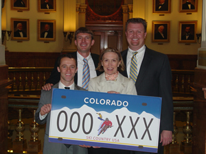 Backers of the proposed skier vanity plate are, left to right: Ari Stiller-Shulman of Colorado Ski Country USA, Sen. Dan Gibbs, CSCUSA CEO Melanie Mills and Brent Lessing, Hertz Corporation's Southwest Region General Fleet Manager.