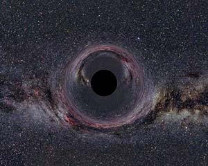 A large black hole would look this way if superimposed on the Milky Way – but don’t fear the Large Hadron Collider’s nano black holes, which will disappear in an instant. 