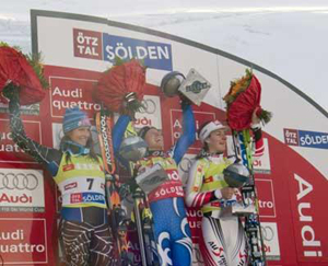 Julia Mancuso, left, was second in the opening Audi World Cup, with Italy's Denise Karbon, center, picking up the win.