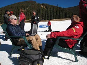 U.S. Ski Team member Jake Zamansky of Aspen, right, talks with RealVails Tom Boyd during a break in training at Keystone Nov. 8. In his off time, Zamanski races motorcross and managed to bag a record mule deer and record elk with his father during hunting season this year in Colorado.