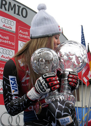 Lindsey Vonn of Vail shows off the two crystal globes she won at the World Cup Finals in Bormio, Italy, in March.