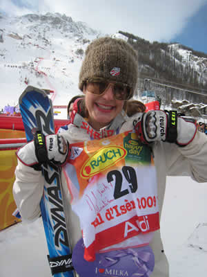 Resi Stiegler of Jackson, Wyo., shows off the bib she had autographed by French President Nicolas Sarkozy Saturday after turning in the top American finish in the World Championships slalom (19th). Vail's Lindsey Vonn crashed in the second run.