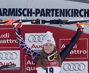 Ski Club Vail product Lindsey Vonn celebrates her 18th career World Cup win (fifth of the current season) Sunday in Garmisch. Vonn tied Tamara McKinney for the most career wins by an American woman.